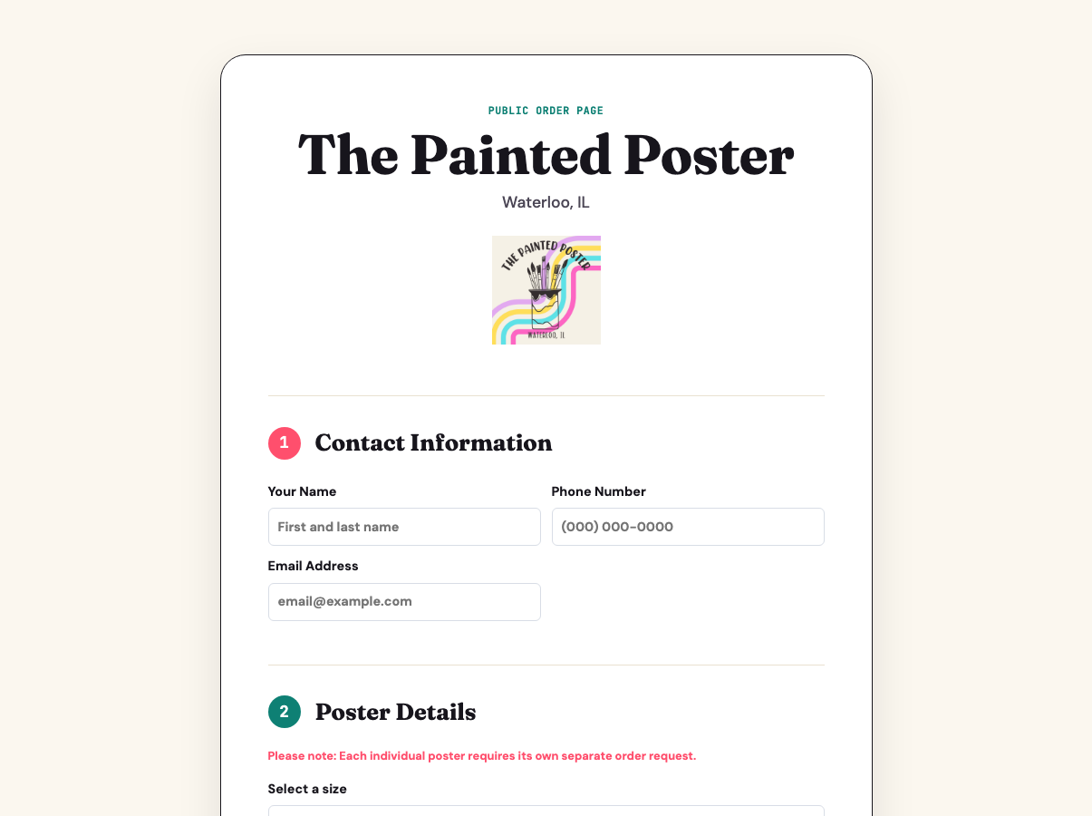 Screenshot of the public poster order page with the order form and availability calendar.